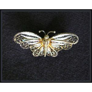 vintage silver filigree butterfly pin .800 with white gold wash signed WR